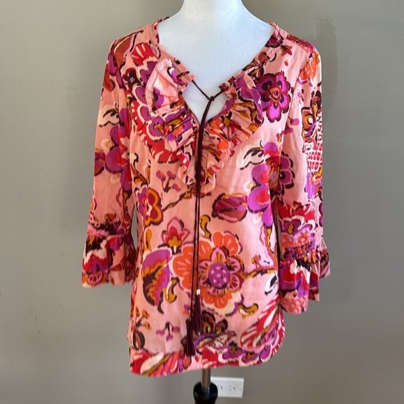 Tory Burch Gwenna Orange Pink 3/4 Sleeve Tassel Tie Floral Blouse Top Size 10 - Picture 4 of 11